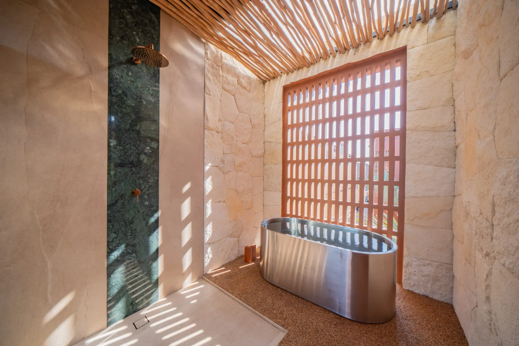 Stainless cold plunge tub with morning light through a timber screen, Villa Navaho