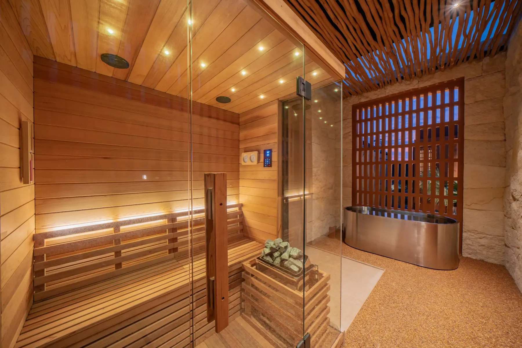 Cedar benches inside the sauna at Villa Navaho, Bumbak Bali