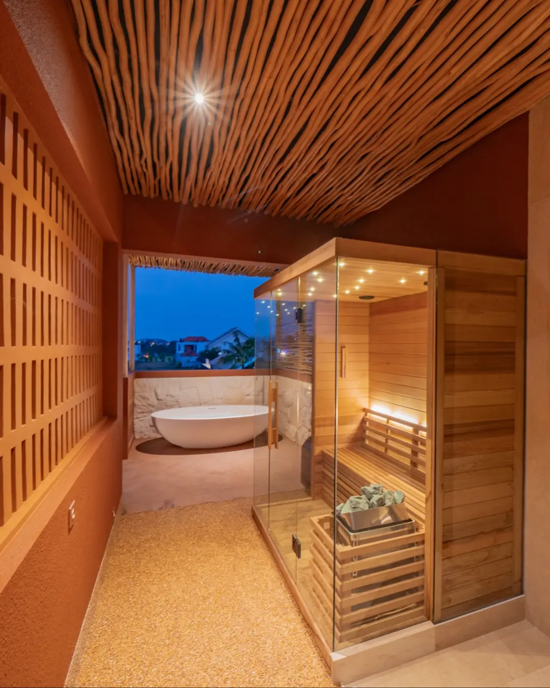 Cedar sauna with garden window at Villa Navaho, Bumbak Bali